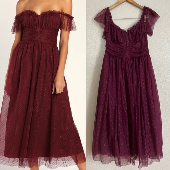 Lulus Dresses & Skirts - NWOT Regal Radiance Burgundy Tulle Bustier Midi Dress